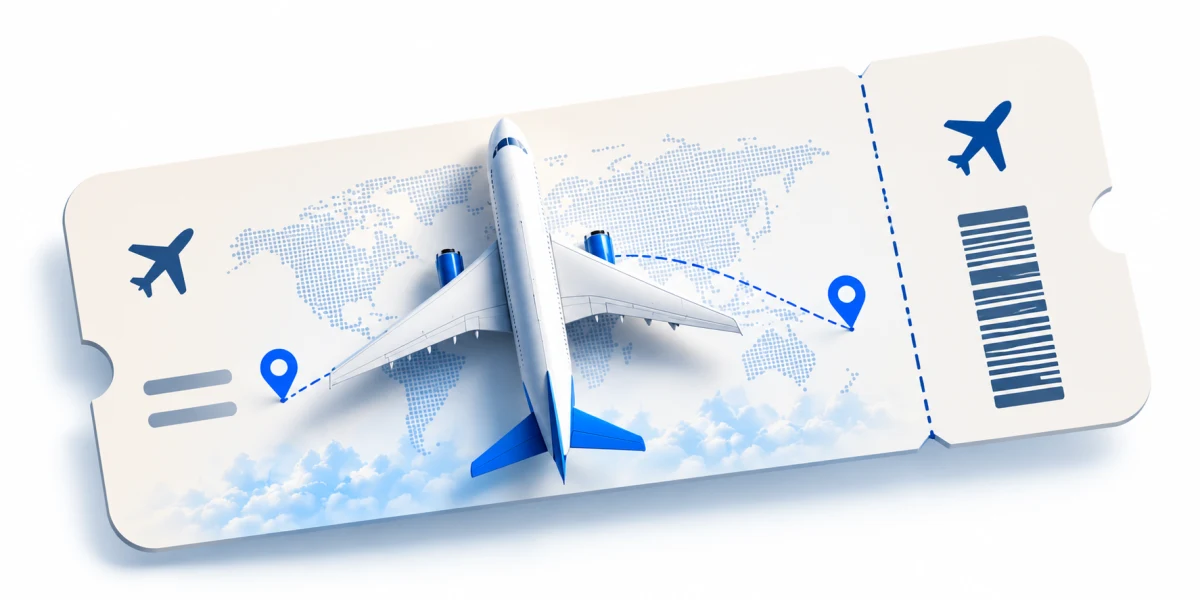 An airplane above a flight reservation ticket, world map, and clouds.